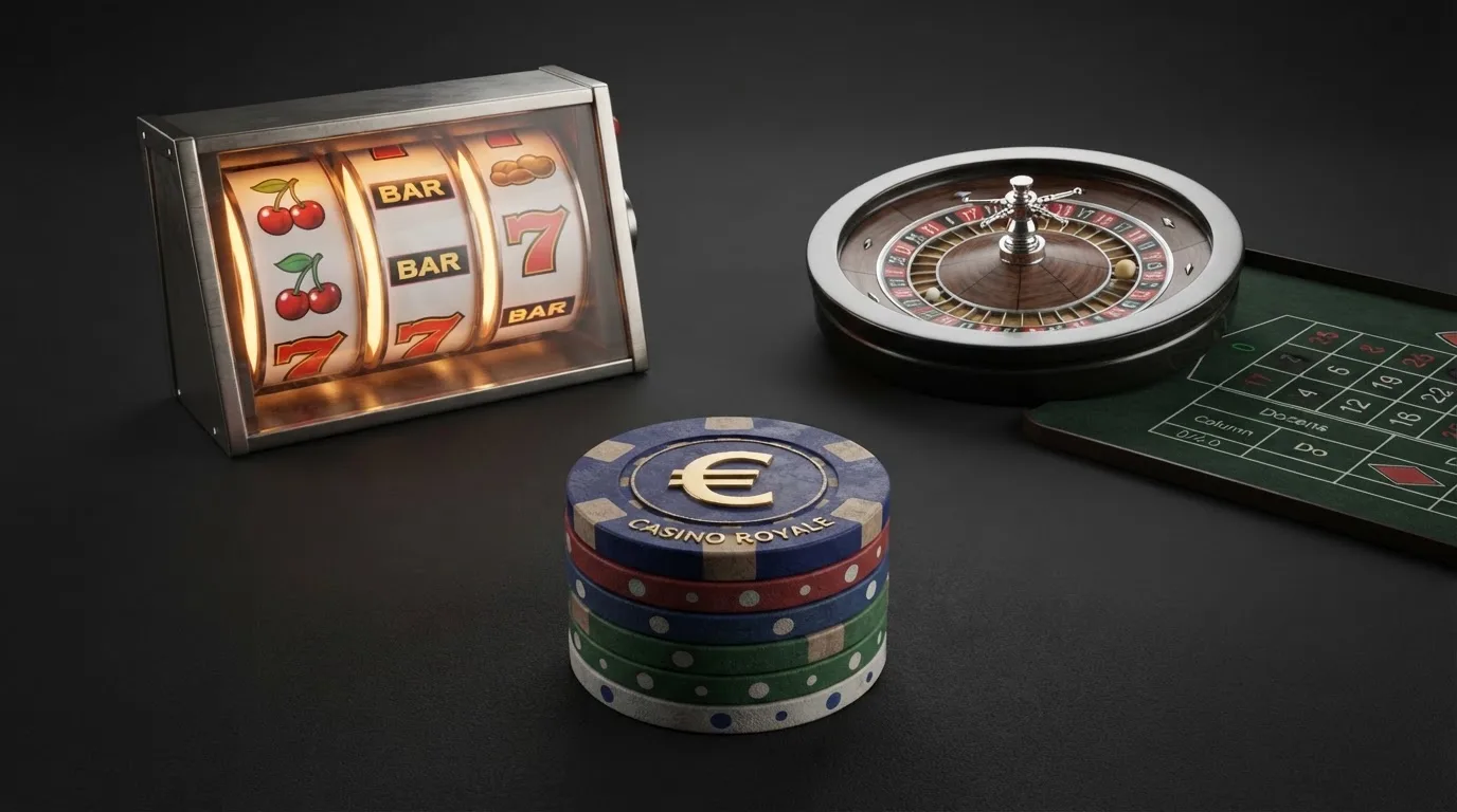 Pantalla dividida con una tragaperras digital colorida, una mesa de ruleta en vivo con crupier real y fichas de casino con el símbolo de ETH