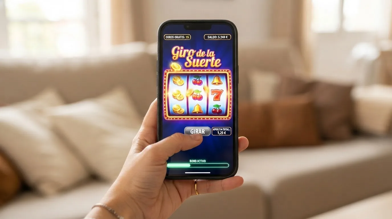 Pantalla de móvil mostrando una tragamonedas online con el contador de tiradas gratis activo y el saldo de bono visible en la esquina
