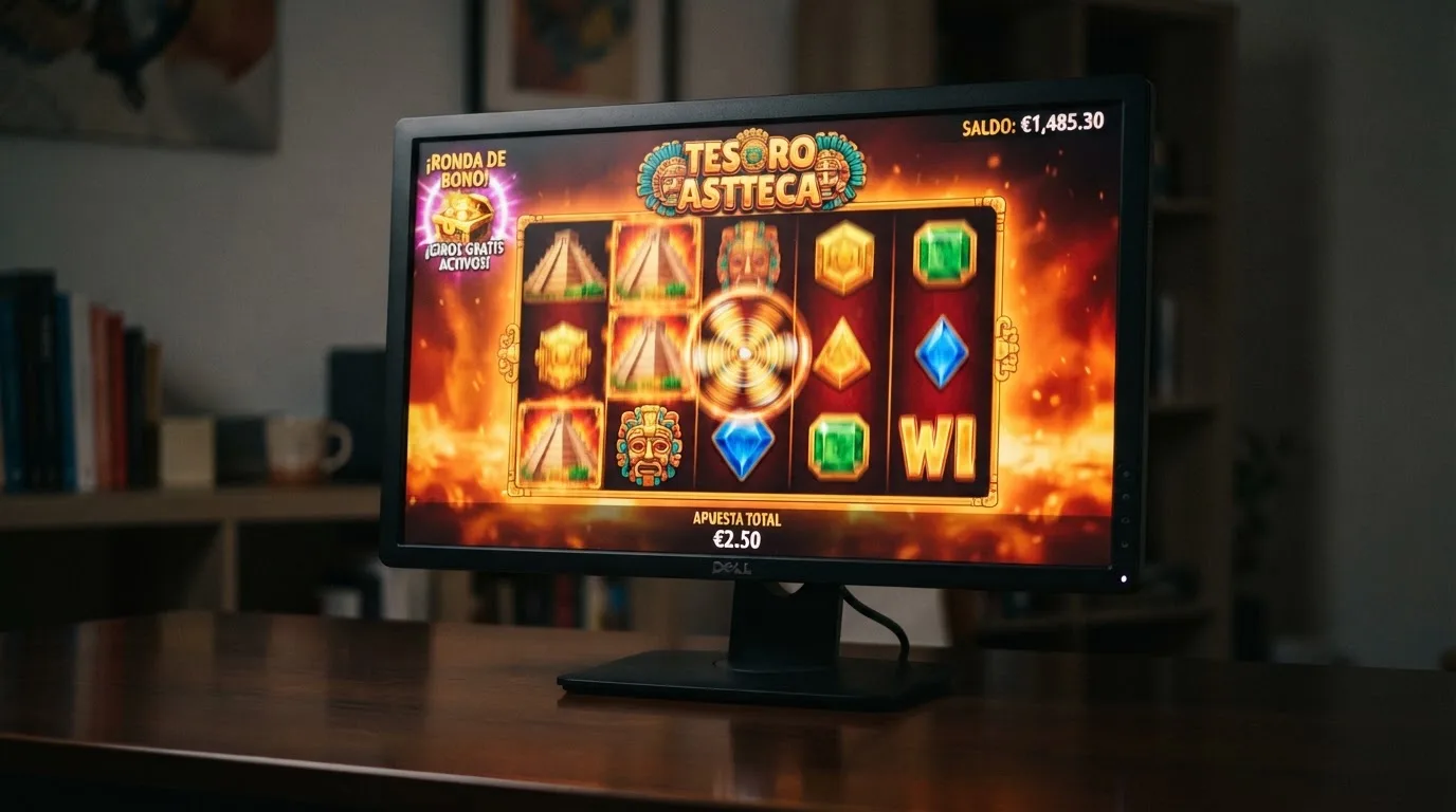 Pantalla de ordenador mostrando una tragaperras de Pragmatic Play en un casino online con el saldo en euros visible, recién acreditado mediante un depósito con Neosurf