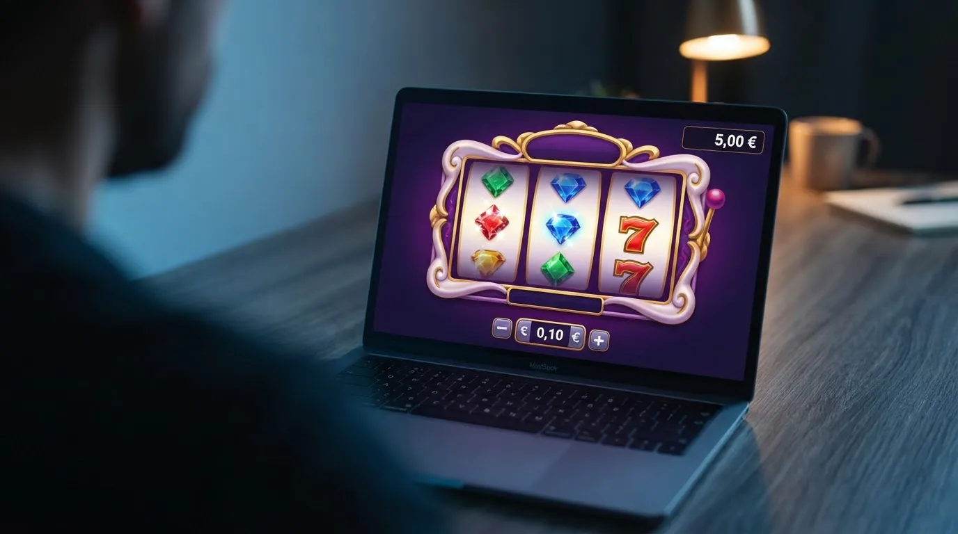 Interfaz de una tragaperras online con el selector de apuesta marcando 0,10 € y el saldo del jugador mostrando 5,00 €