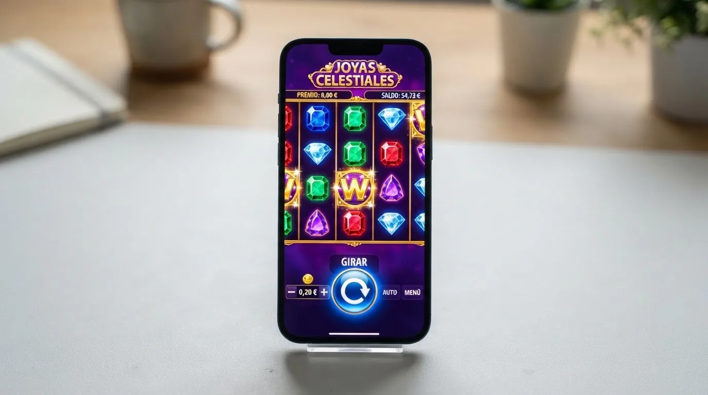 Una tragaperras de vídeo funcionando en un teléfono en modo vertical, con los botones de giro, ajuste de apuesta y tabla de pagos visibles en pantalla