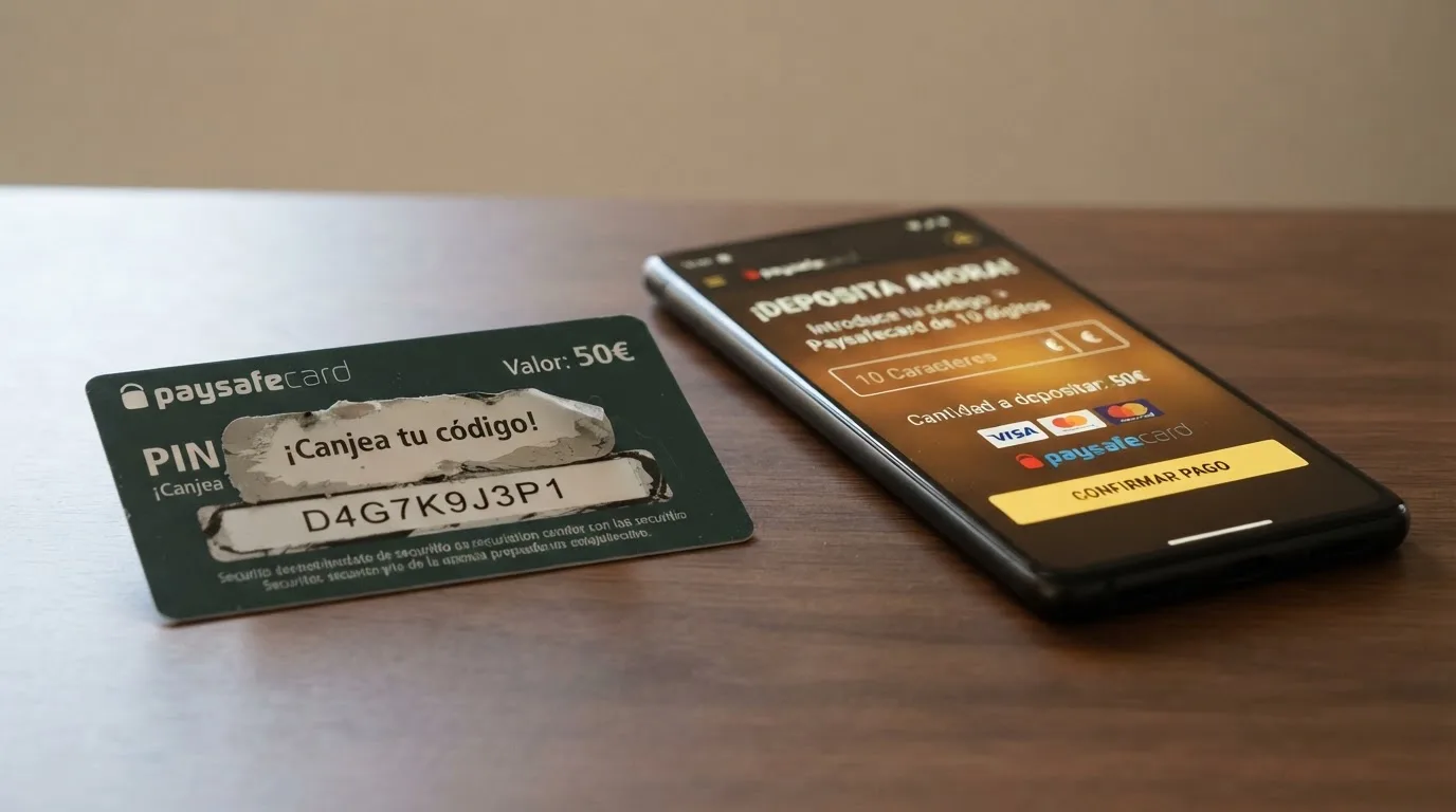 Primer plano de un vale físico de Neosurf con el código PIN rascado y visible, sobre una mesa junto a un teléfono móvil que muestra la pantalla de ingreso de código en un casino online