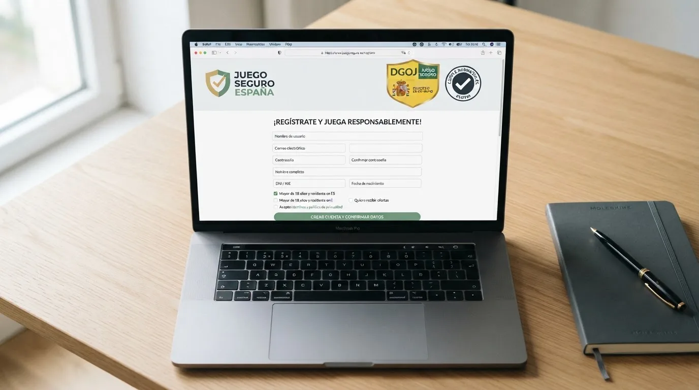 Primer plano de la página de registro de un casino online con el logotipo de la DGOJ y el dominio .es visibles en la barra del navegador